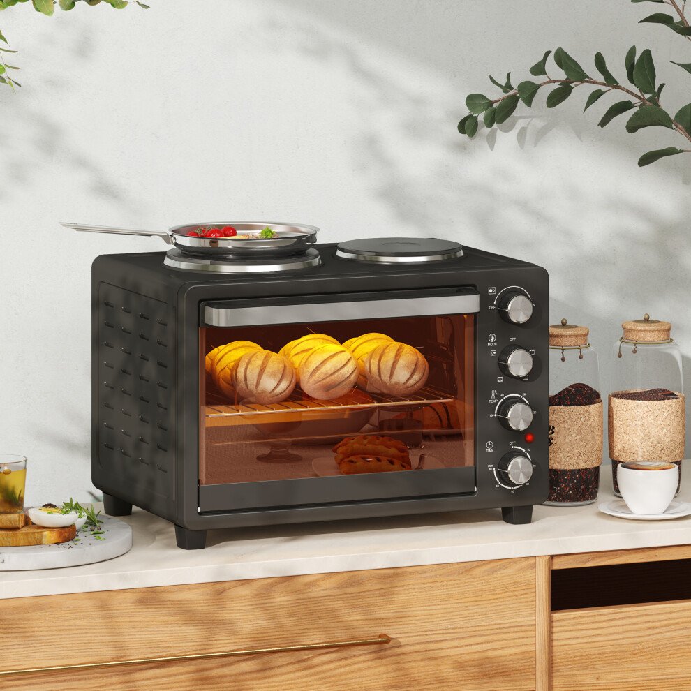 HOMCOM 28L Countertop Toaster Oven with 2 Hot Plates, Grill, Roast, Bake