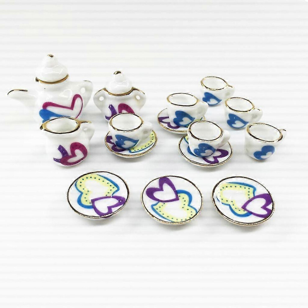 15pcs Dollhouse Miniature Ceramic Heart Print Pot Cup Coffee Tea Service Set -Ao