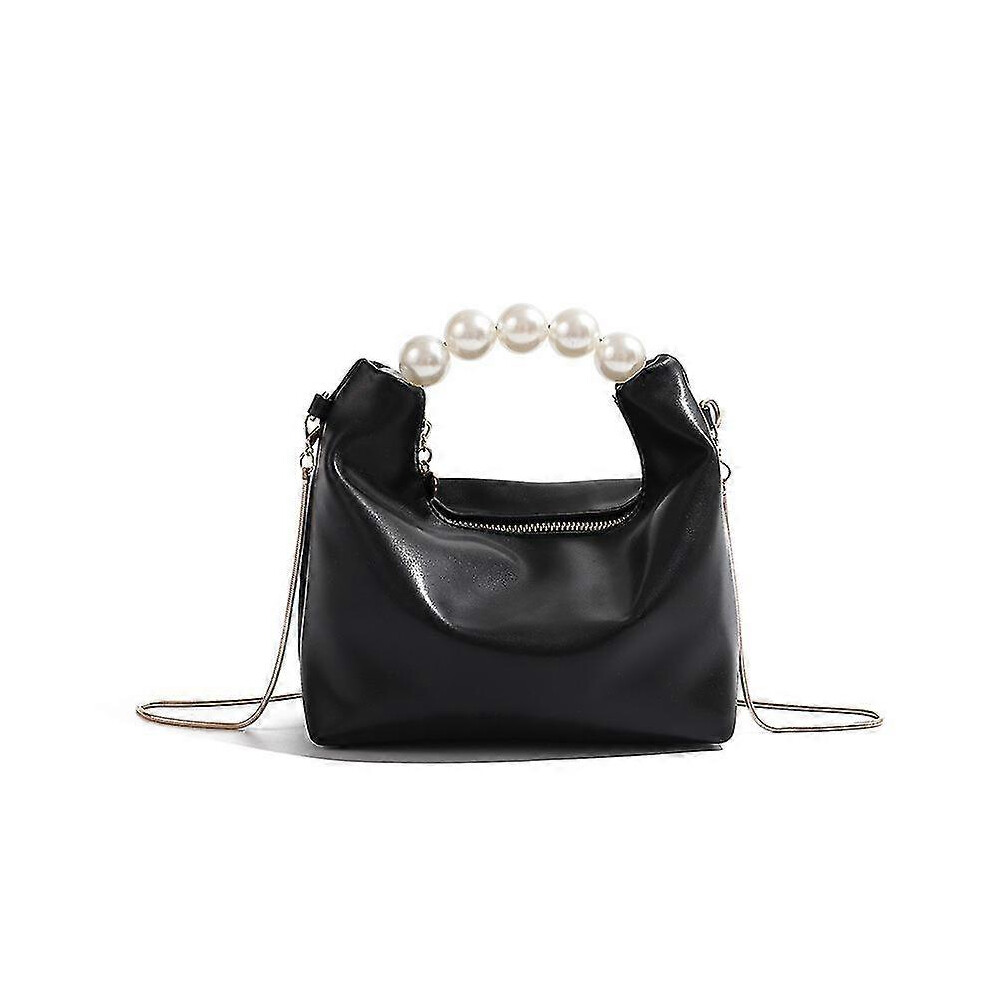 (Black) Trendy Ruched Handbags, Women's Chain Crossbody Bag, Faux Pearl Handle Clutch Purse