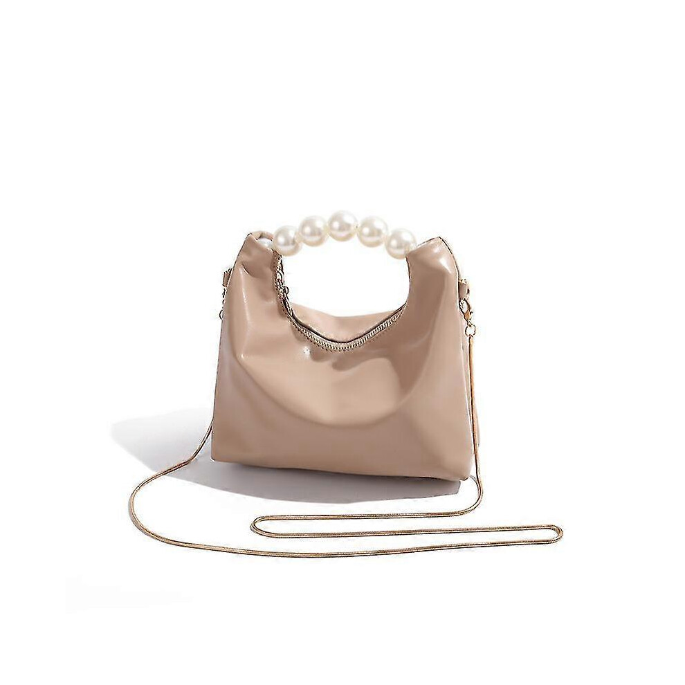 (Khaki) Trendy Ruched Handbags, Women's Chain Crossbody Bag, Faux Pearl Handle Clutch Purse White