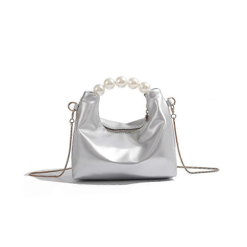 (Silver) Trendy Ruched Handbags, Women's Chain Crossbody Bag, Faux Pearl Handle Clutch Purse White,Silver