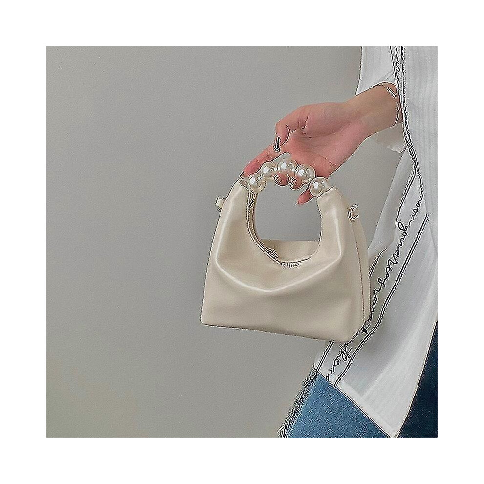 (White) Trendy Ruched Handbags, Women's Chain Crossbody Bag, Faux Pearl Handle Clutch Purse White