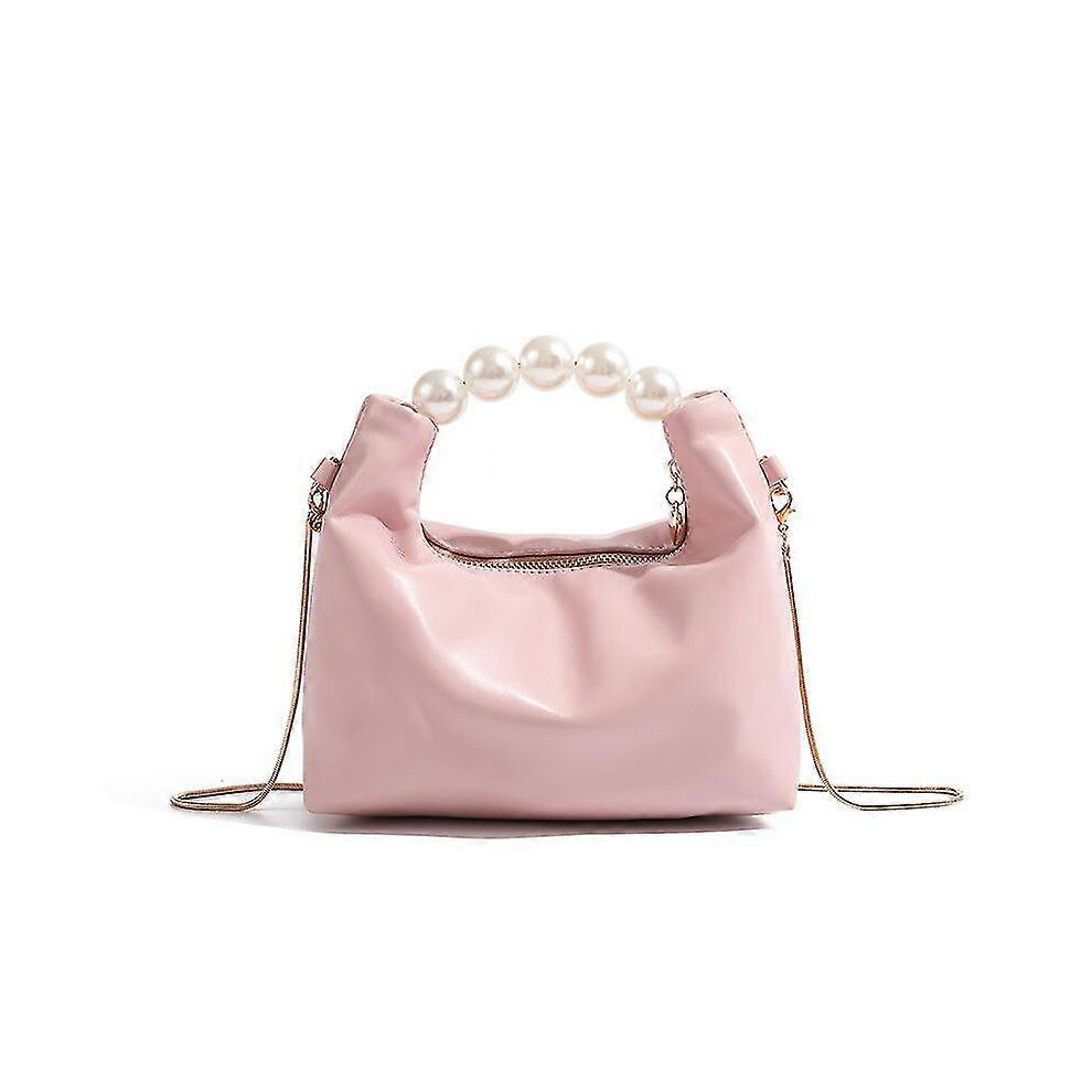 (Pink) Trendy Ruched Handbags, Women's Chain Crossbody Bag, Faux Pearl Handle Clutch Purse Pink,White