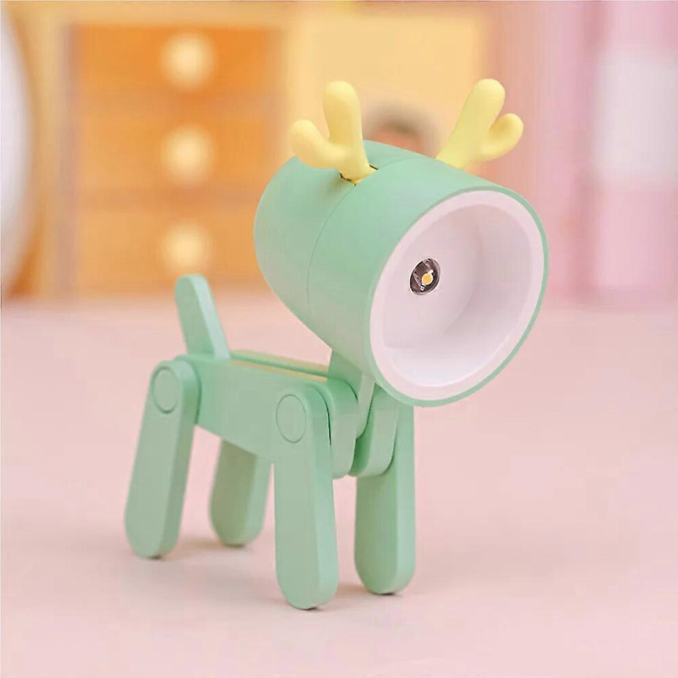 (Green deer) LED Night Light Mini Folding Desk Lamp Cute Pet Lights Dog Deer Portable Night Light Student Living Room Decor Gift