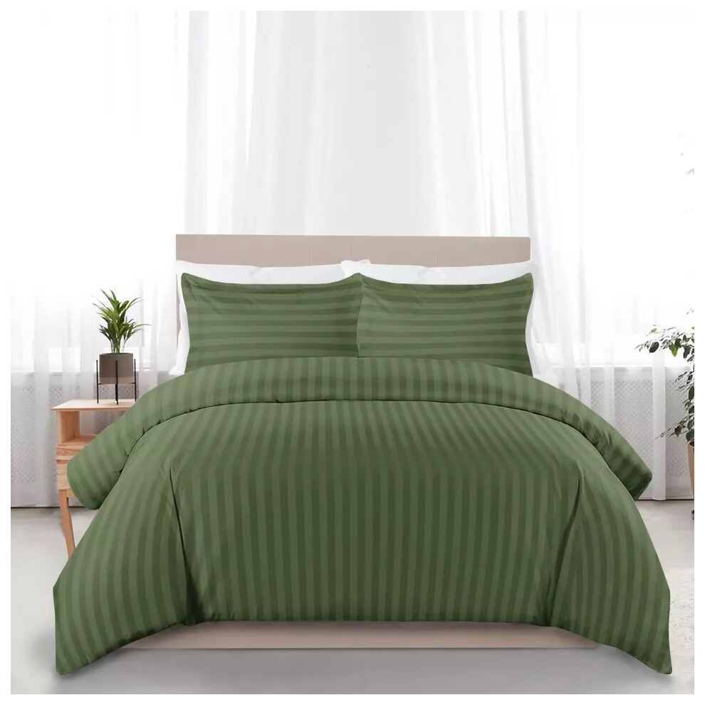 (King, Olive Green) 4PC Stripe Duvet Quilt Cover Luxury Hotel Quality Bedding Set