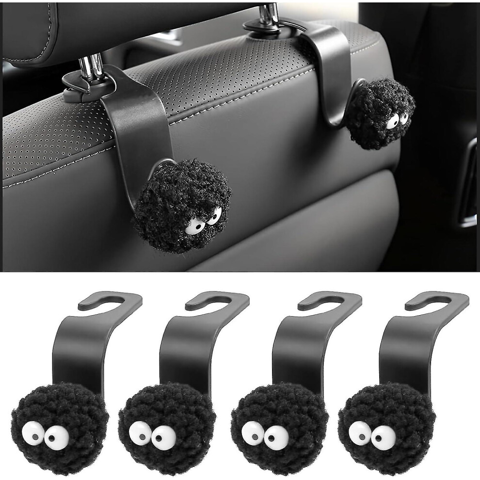 4 Soot Sprites car headrest hooks, cute organiser for handbags and groceries, universal hook for vehicles.