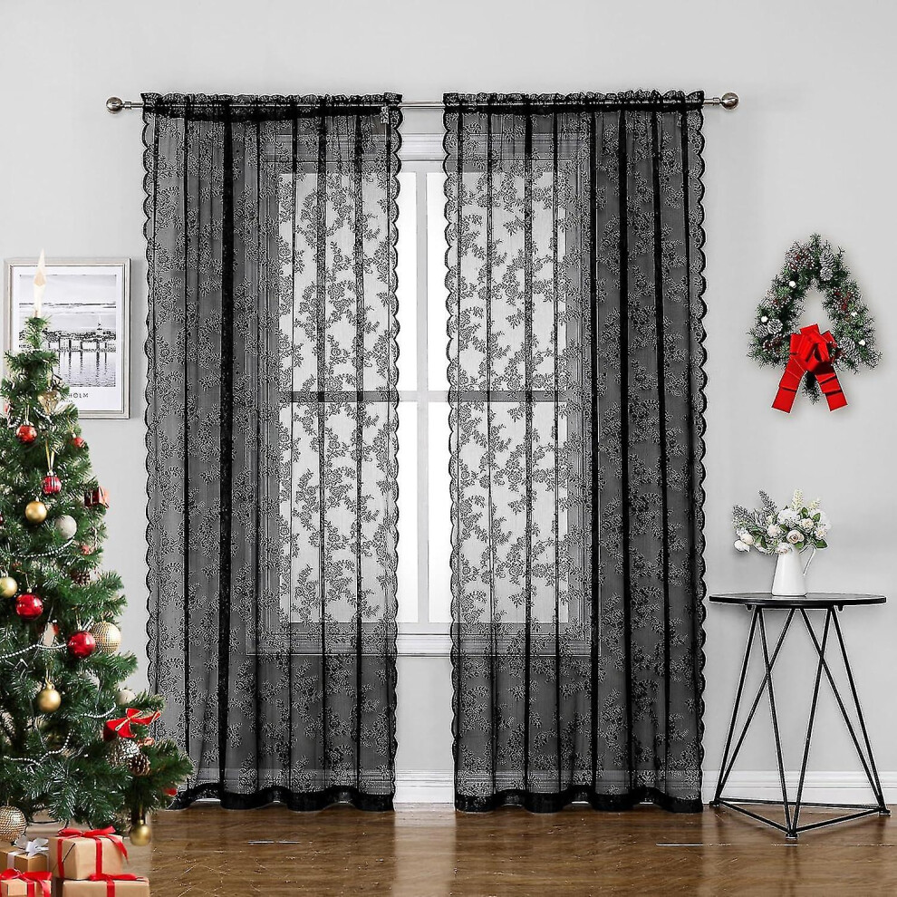 Black Lace Christmas Curtains for Bedroom 100*200cm Vintage Floral Embroidered Sheer Voile Window Sets Durable Rose Lace Fabric Rod Pocket Curtain Dra