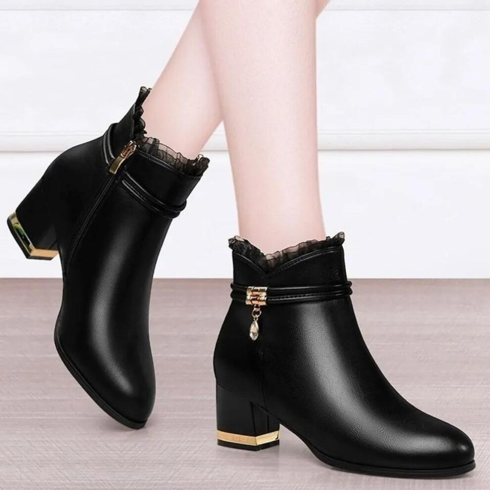 (black, 38) Spring Fashion Short Boots Women Buckle Decoration Shoes Thick Heel Pointed  Ankle Boot Casual Elegant