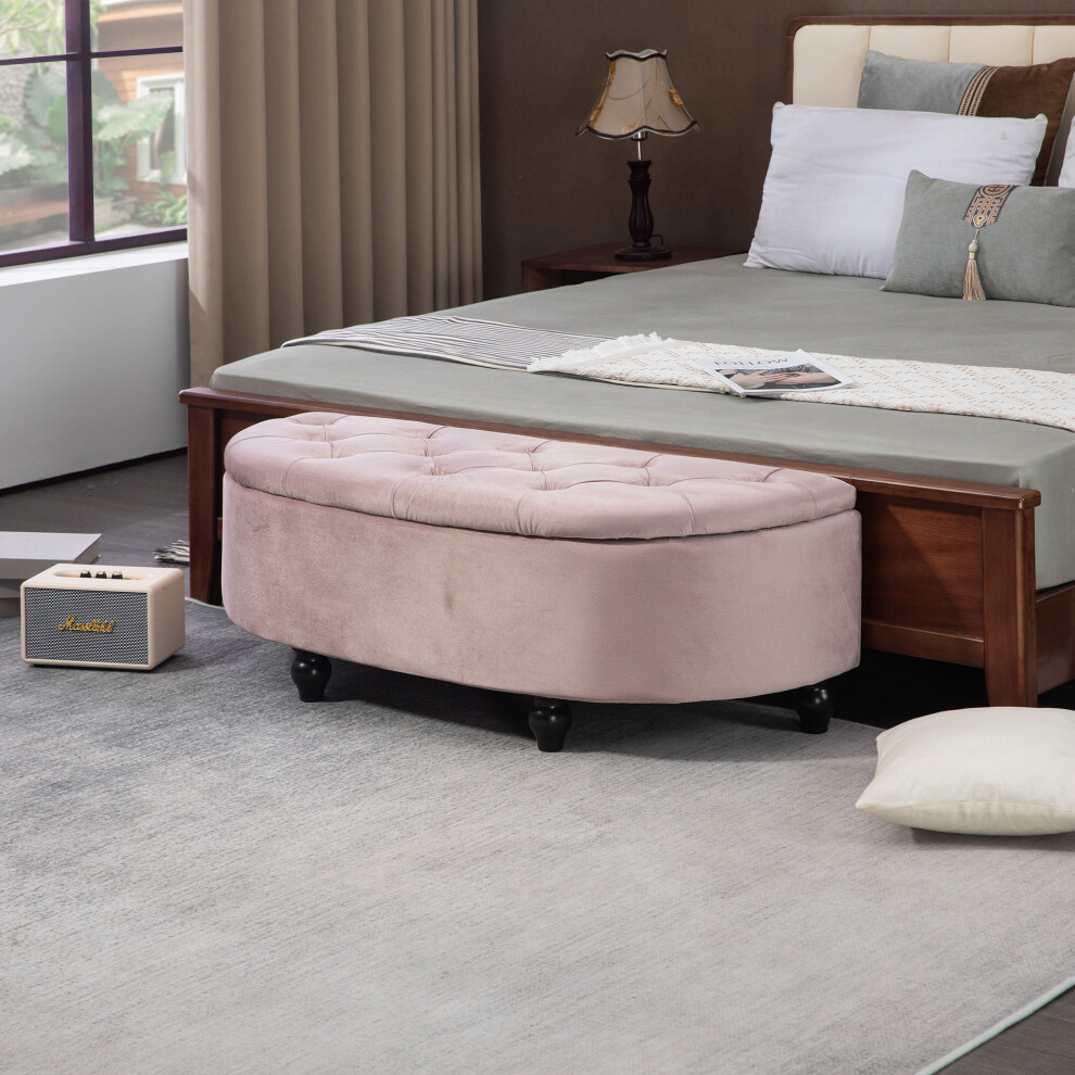 HOMCOM Semi-Circle Storage Ottoman Bench Tufted Upholstered Pink
