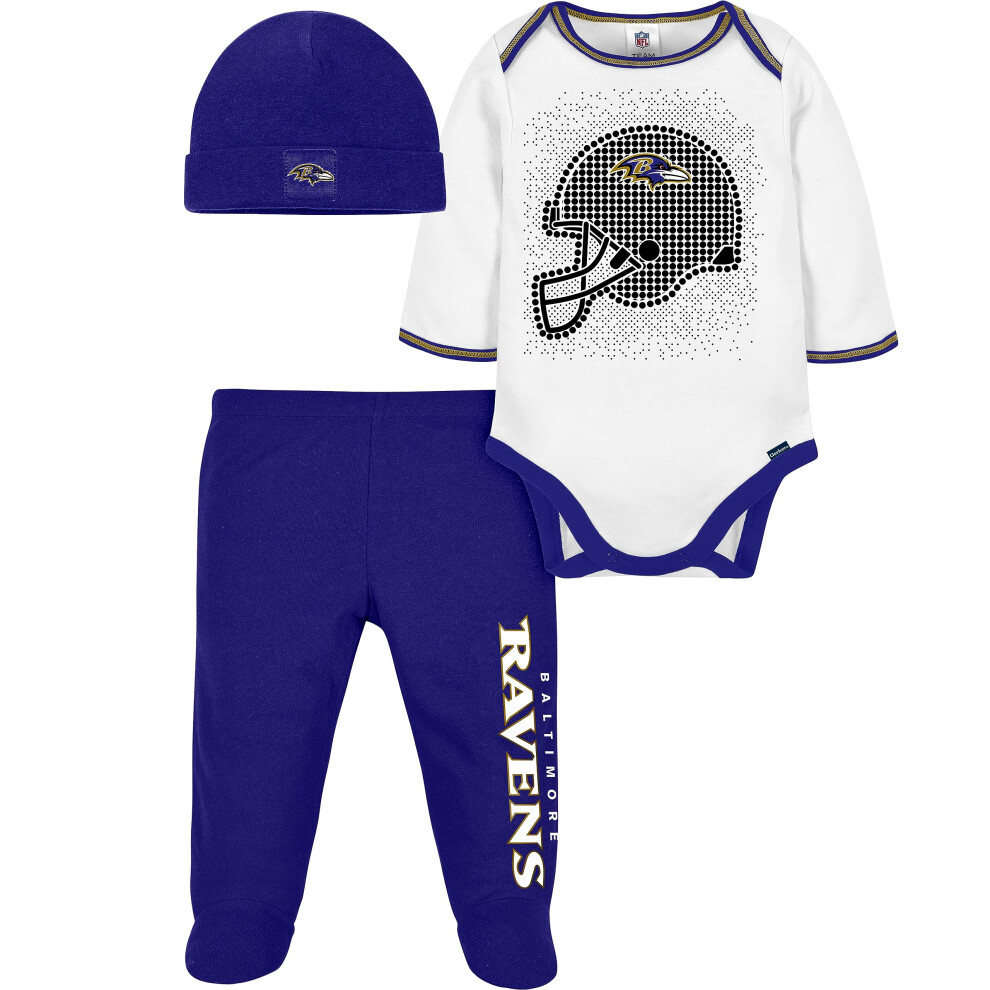 Ensemble 3 pièces Gerber NFL pour bébé garçon, body, pantalon, casquette, Baltimore Ravens, 0-3 mois