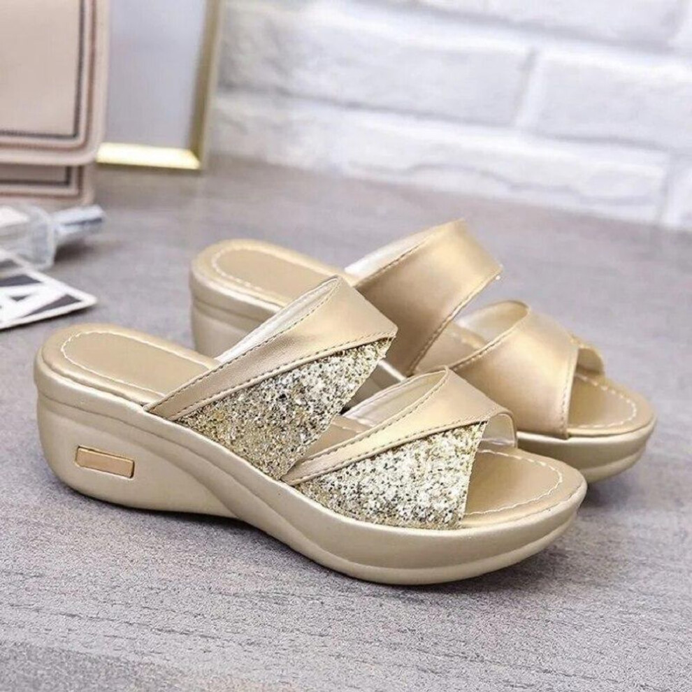 (gold, 42) Women Summer Slippers Ladies Glitter Pu Wedges Shoes Female Casual Slingbacks Sandals Comfortable Platform Woman
