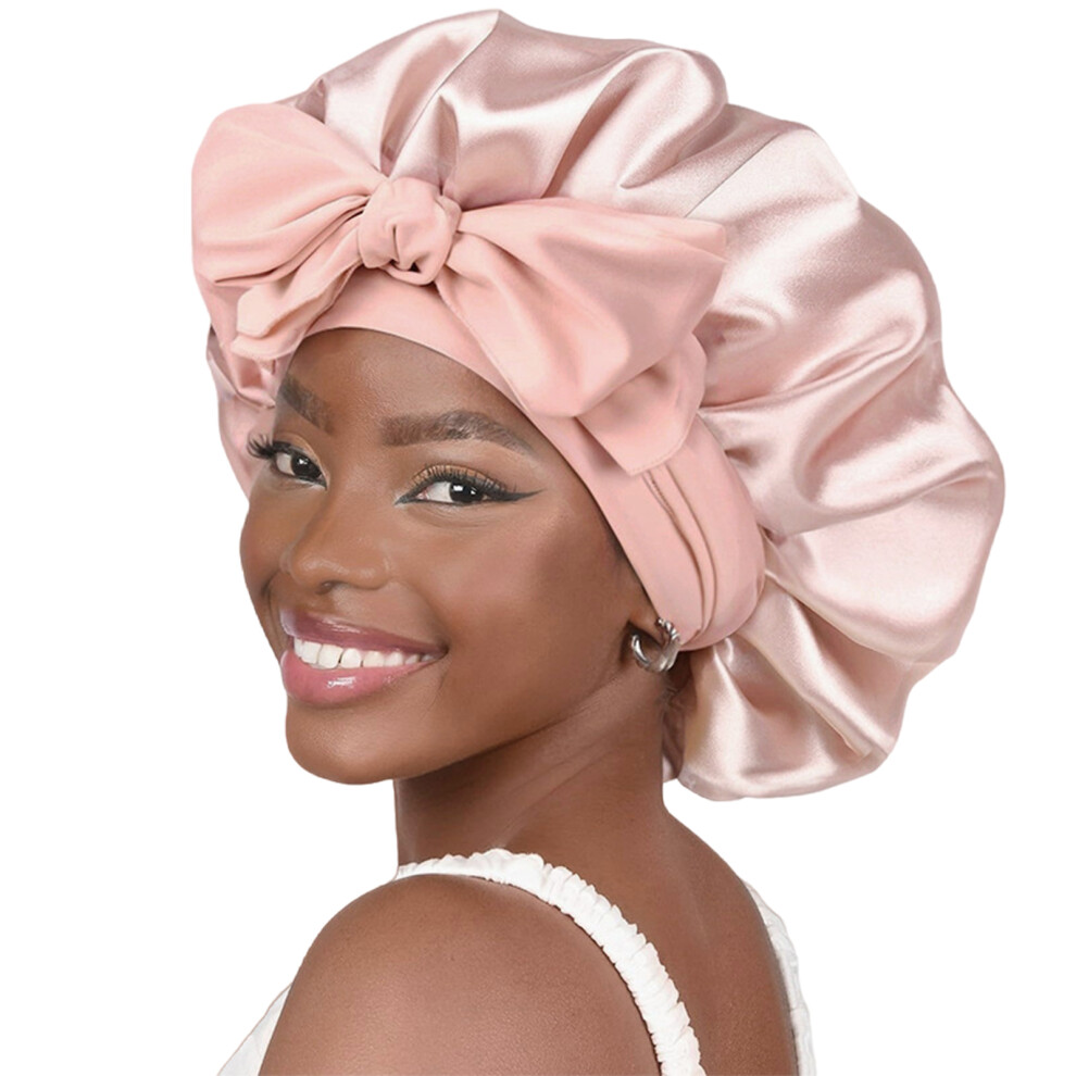 (Rose pink) Silk Satin Bonnet for Hair Care - Pink, Adjustable
