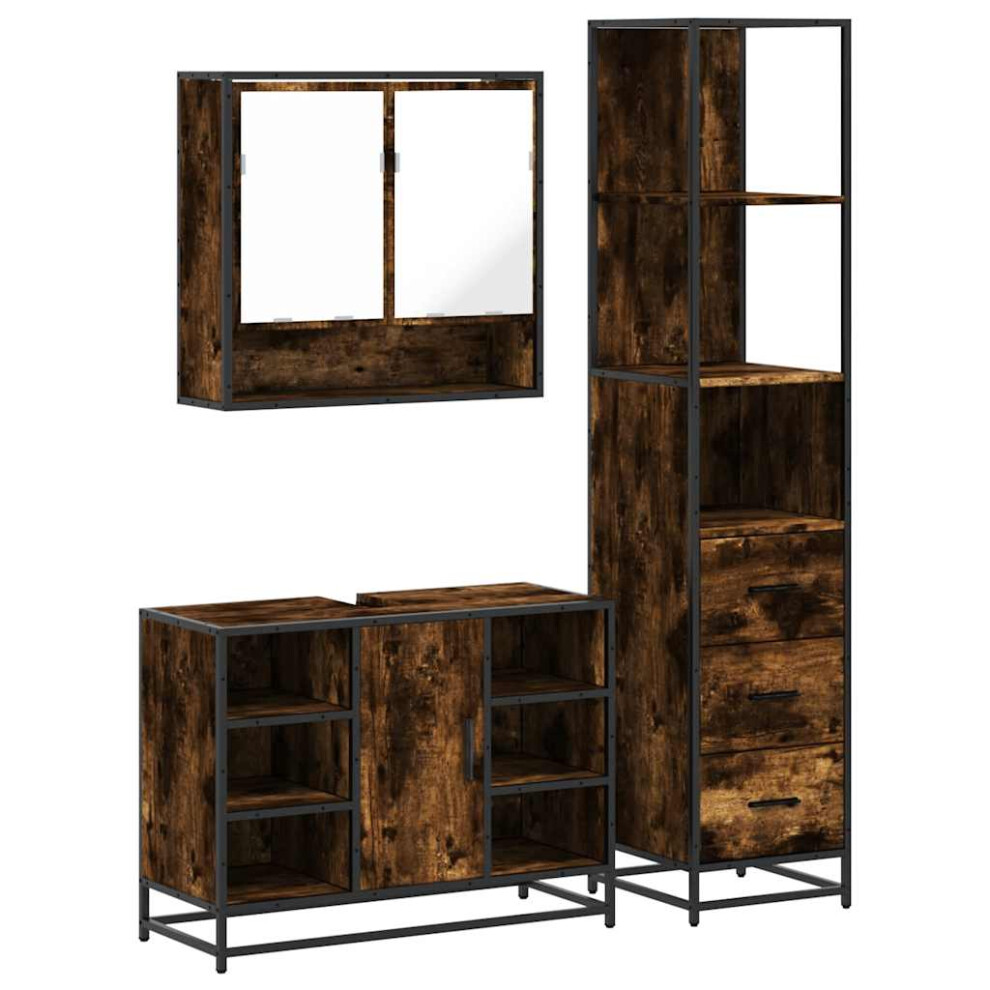 Vidaxl (Smoked Oak) Bathroom Furniture Set 3Â Piece Cupboard Sink Cabinet Engineered Wood
