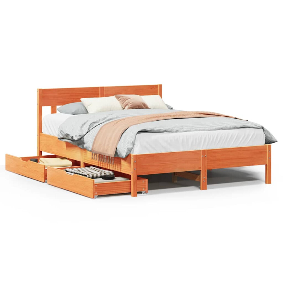 Vidaxl (Wax Brown, 140 X 200 Cm) Bed Frame With Headboard Bed Base Solid Wood Pine