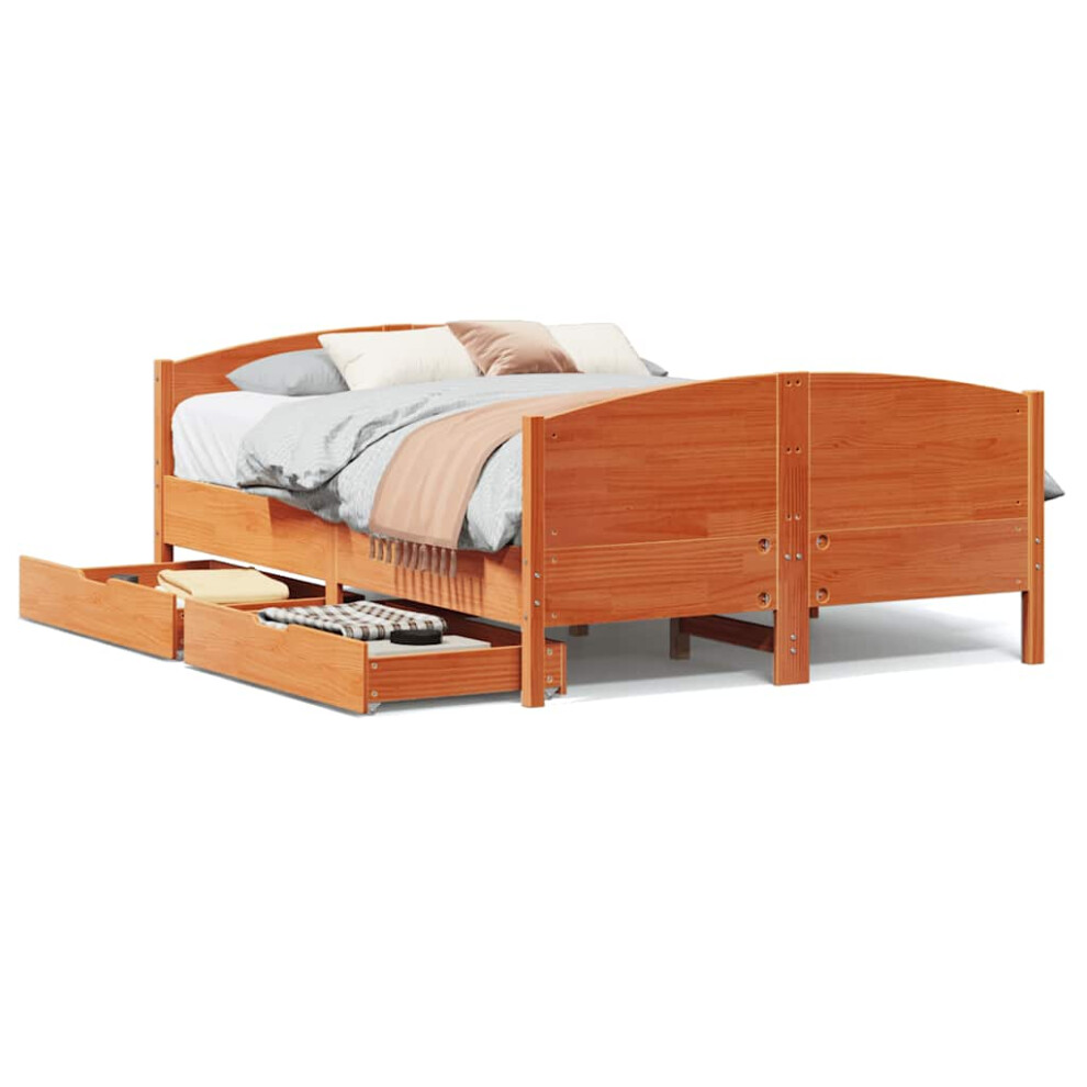 Vidaxl (Wax Brown, 150 X 200 Cm) Bed Frame With Headboard Bed Base Bedstead Solid Wood Pine