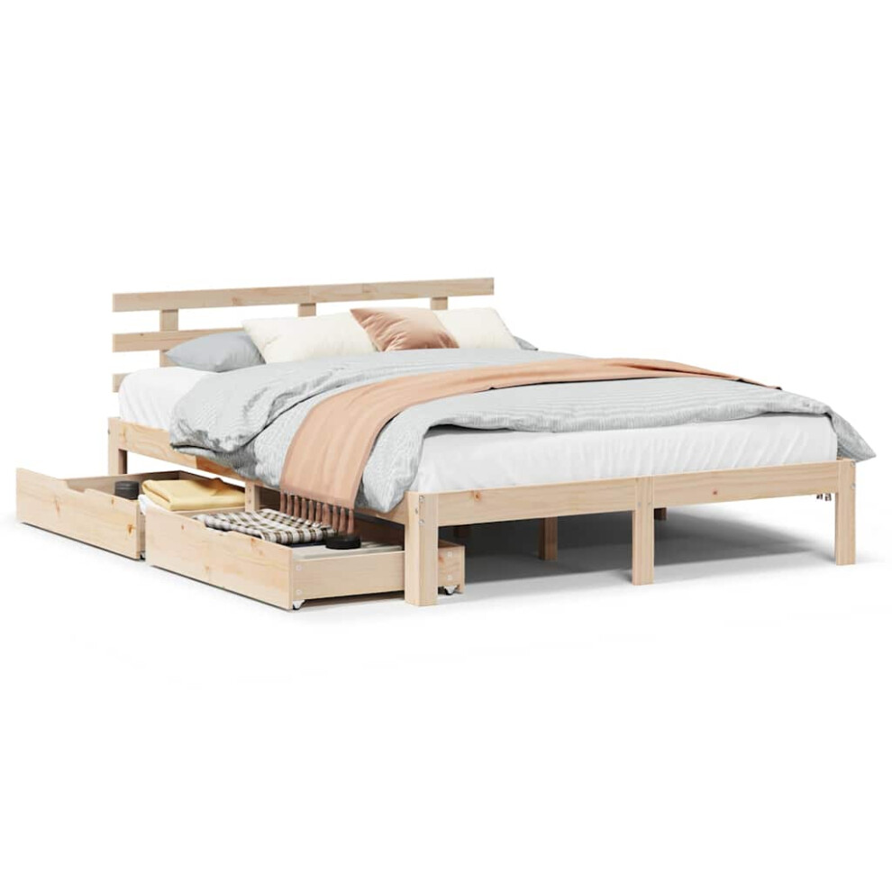 Vidaxl (Natural, 150 X 200 Cm) Bed Frame With Drawers Bed Base Solid Wood Pine