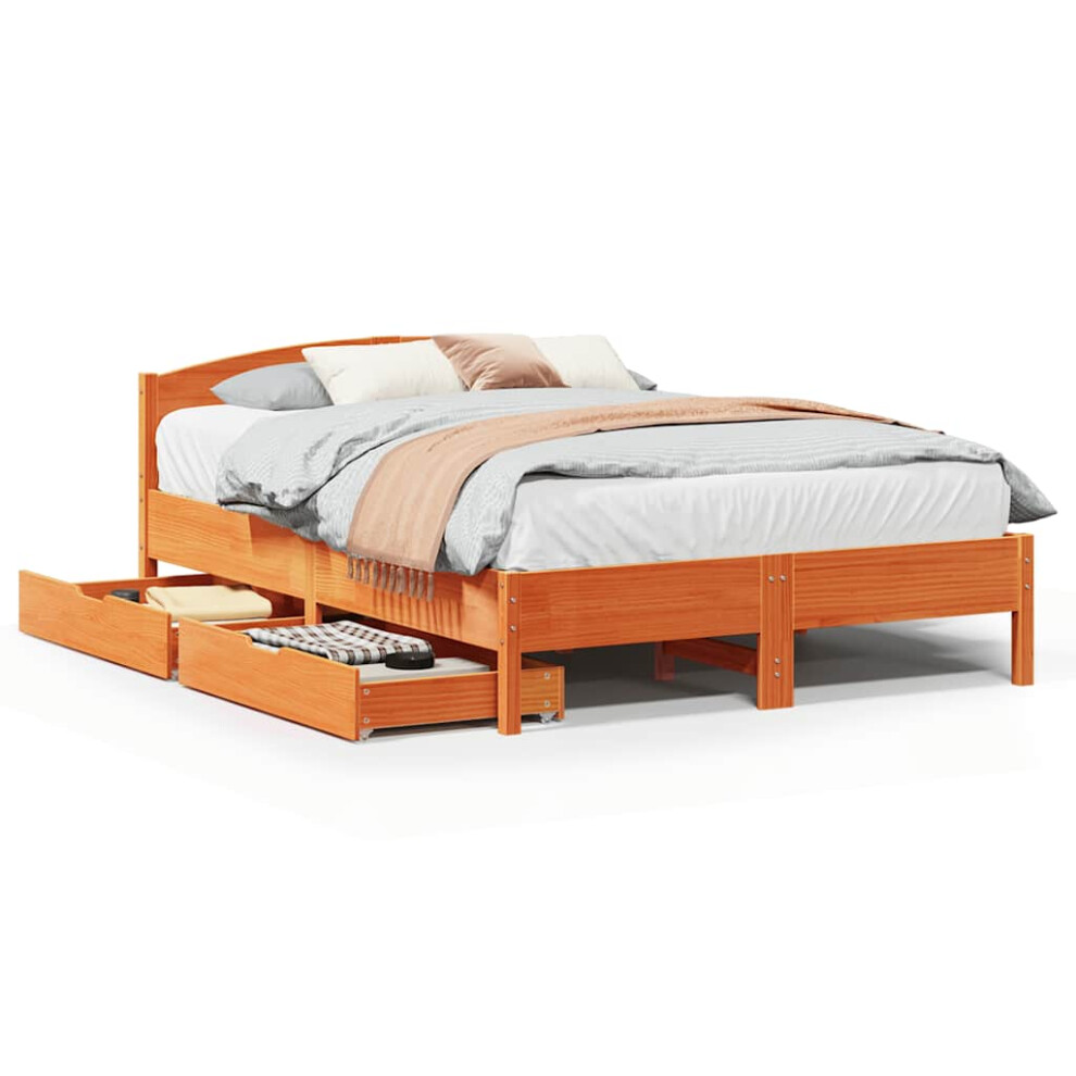 Vidaxl (Wax Brown, 150 X 200 Cm) Bed Frame With Headboard Bed Base Wax Solid Wood Pine