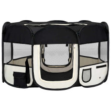 vidaXL Foldable Dog Playpen 145x145x61 cm with Carrying Bag, 8 Panels, Portable Steel Frame, Black/Cream - 171008