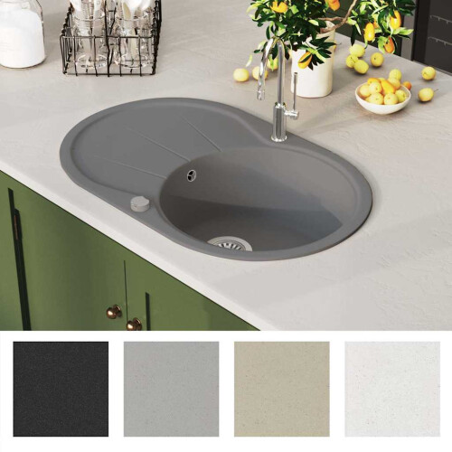 VidaXL vidaXL Granite Kitchen Sink Single Basin Oval Grey Overmount Basket Strainer 2