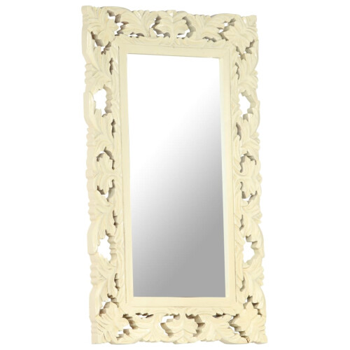 VidaXL vidaXL Solid Mango Wood Hand Carved Mirror White Wooden Wall Makeup Accessory 1