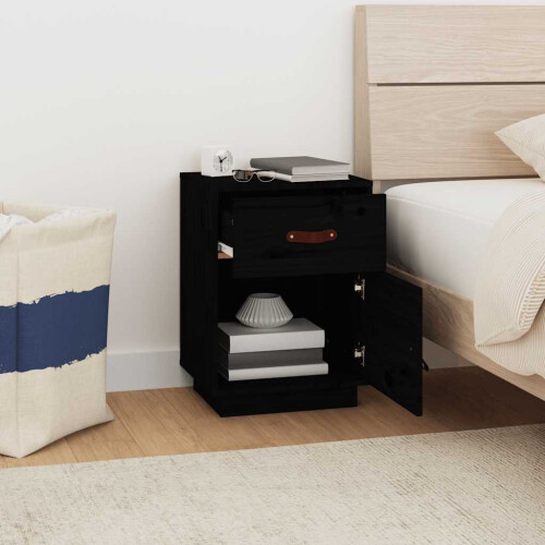 VidaXL vidaXL 2x Solid Wood Pine Bedside Cabinets Black Wooden Nightstand End Table 2