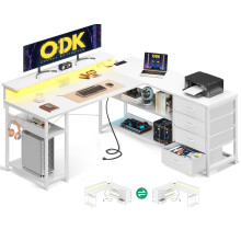 (White, 135×110 cm) ODK Corner Desk with Drawers, L Shaped Gaming Desk with LED Lights & Power Outlets, Reversible Computer Desk for Home Office Workstation