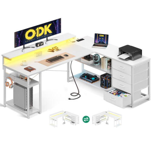 (White, 155×110 cm) ODK Corner Desk with Drawers, L Shaped Gaming Desk ...