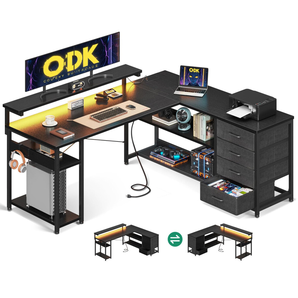 (Black, 135Ã110 cm) ODK Corner Desk with Drawers, L Shaped Gaming Desk with LED Lights & Power Outlets, Reversible Computer Desk for Home Office Work-image-OPC-PG5NSGN-NEW