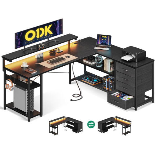 (Black, 155×110 cm) ODK Corner Desk with Drawers, L Shaped Gaming Desk ...