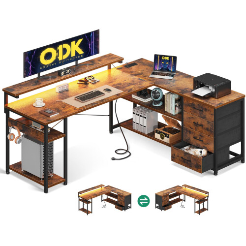 (Vintage, 155×110 cm) ODK Corner Desk with Drawers, L Shaped Gaming ...
