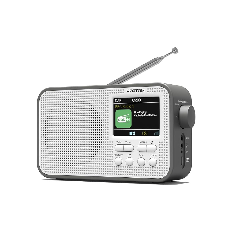 Azatom Dab Dab+ Fm Portable Radio With Rechargeable Battery, Bluetooth, Alarm, Alarms, Aux, Headphone, 80 Presets (Azatom Aspire G2 ) Grey