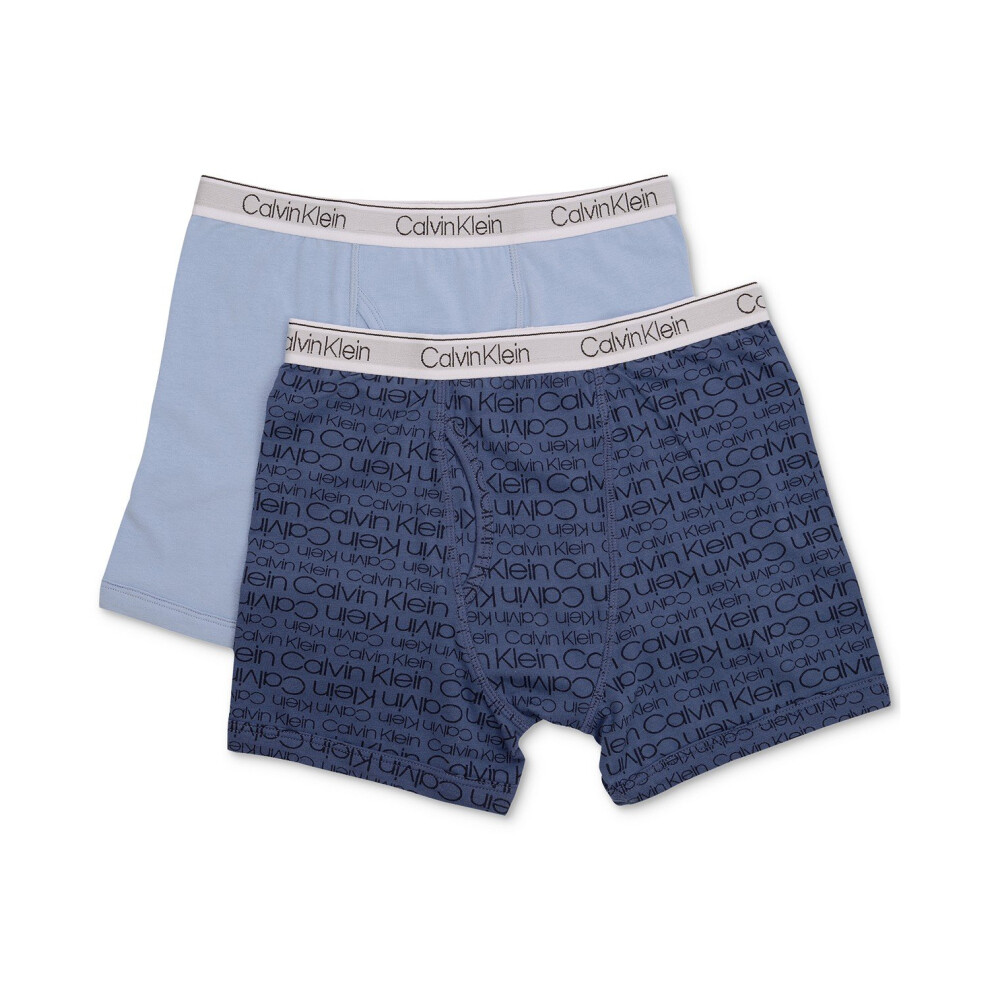 Calvin Klein Boy`s Modern Cotton Stretch Logo Boxer Briefs 2 Pack (Blue Bell(I5131)/CK Logo Blue X-Large)