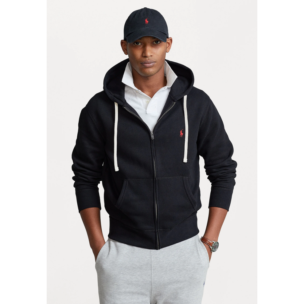 (UK Size M, Black) Polo Ralph Lauren Men's Classic Fleece Full Zip Pony Logo Hooded Sweatshirt