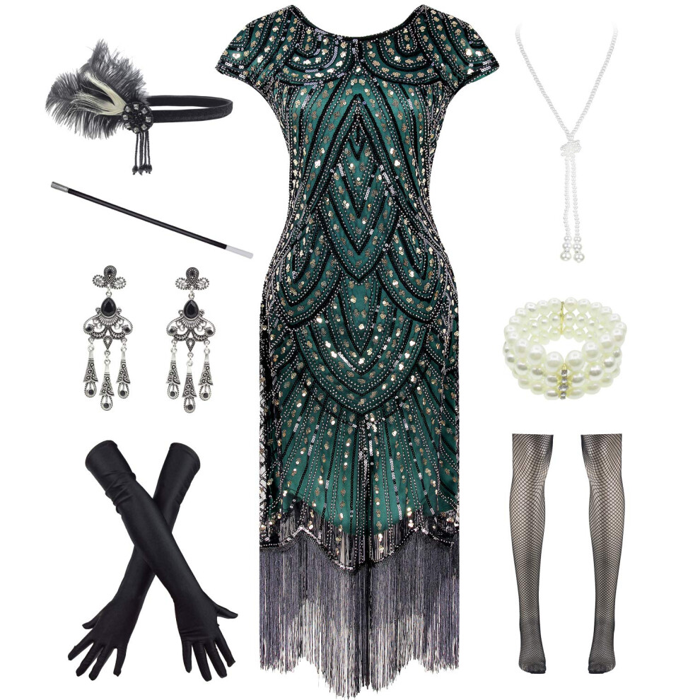 Women 1920s Vintage Flapper Fringe Beaded Gatsby Party Dress With 20s