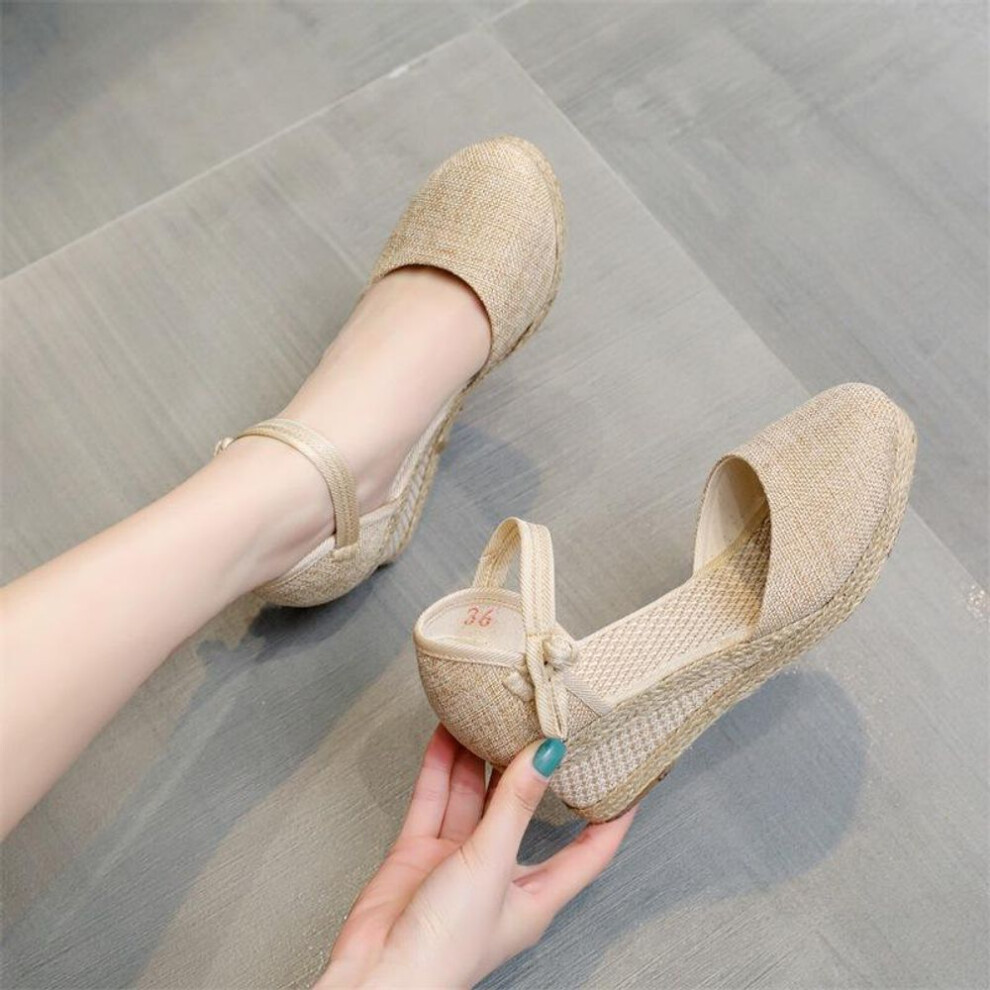 (beige, 34) Women&apos;s Summer Fashion Casual Wedge Heel Peep Toe Sandals Platform Sandals Strap Espadrilles