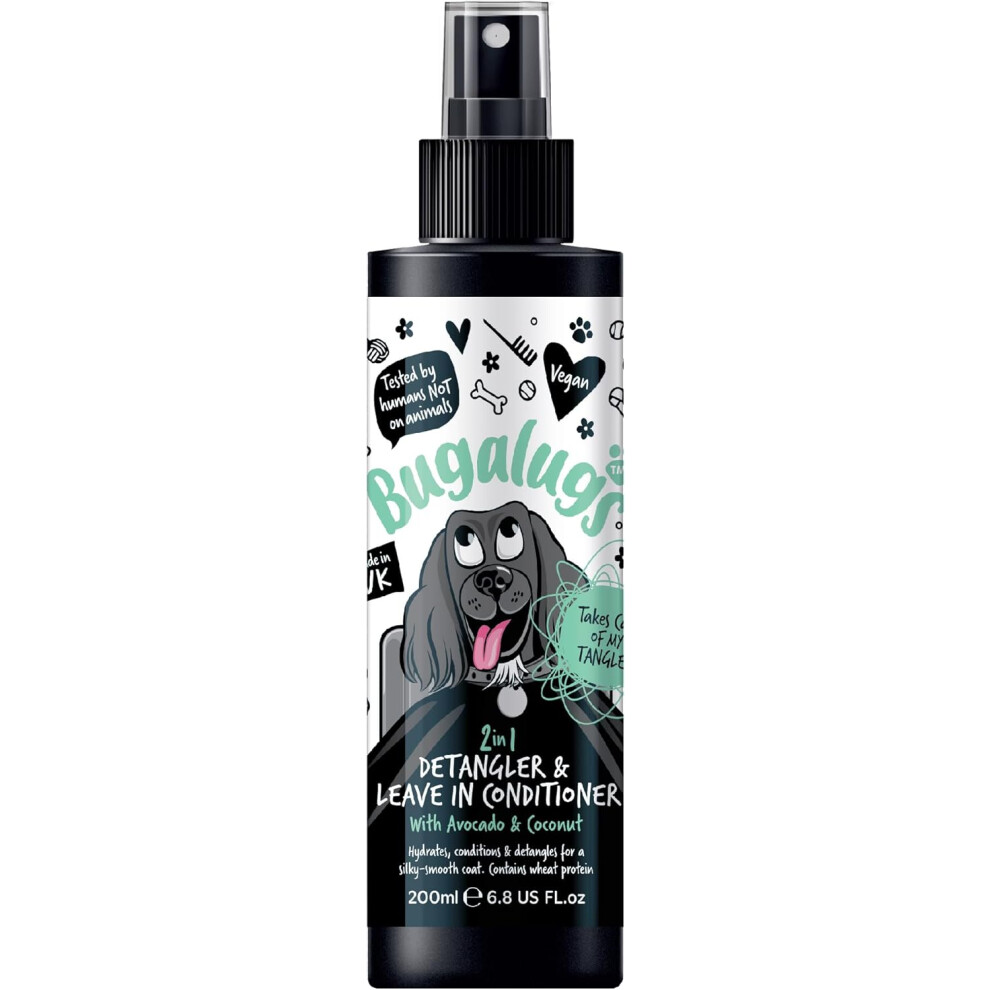Bugalugs Dog Detangler Spray - Tangle Tame leave In conditioner spray for de matting. No tangles. Professional formula contains Wheat protein (200ml)