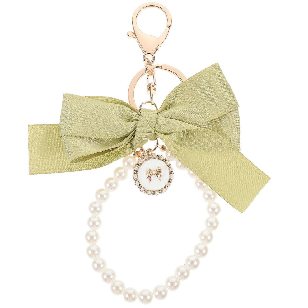 Kricely (Olive Green, One Size) Wristlet Keychain Pendant Bag Hanging Accessory Fashionable Bow Pearl Wristlet Keychain