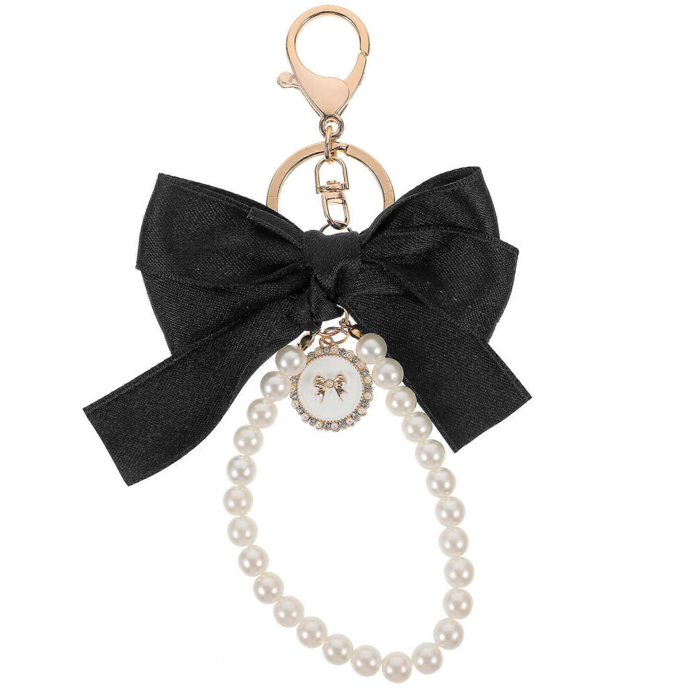 Kricely (Black, One Size) Wristlet Keychain Pendant Bag Hanging Accessory Fashionable Bow Pearl Wristlet Keychain