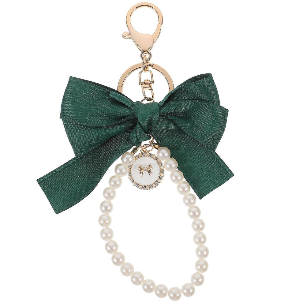 Kricely (Dark Green, One Size) Wristlet Keychain Pendant Bag Hanging Accessory Fashionable Bow Pearl Wristlet Keychain