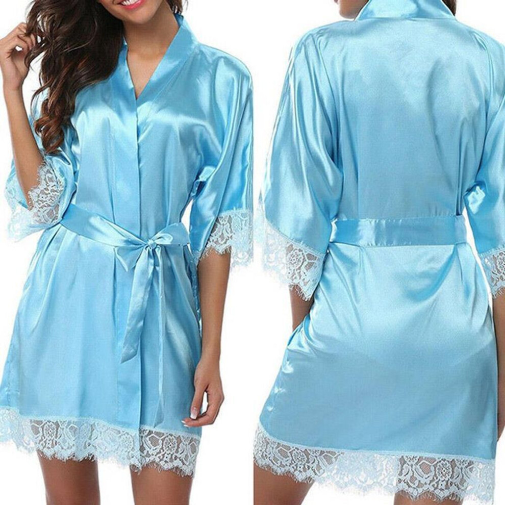 (sky blue) Women&apos;s Summer Sexy Nightgown Plain Silk Satin Robes Bridal Wedding Bridesmaid Bride Gown Bath Robe