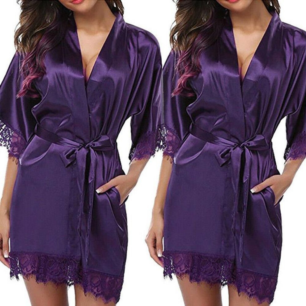 (purple) Women&apos;s Summer Sexy Nightgown Plain Silk Satin Robes Bridal Wedding Bridesmaid Bride Gown Bath Robe