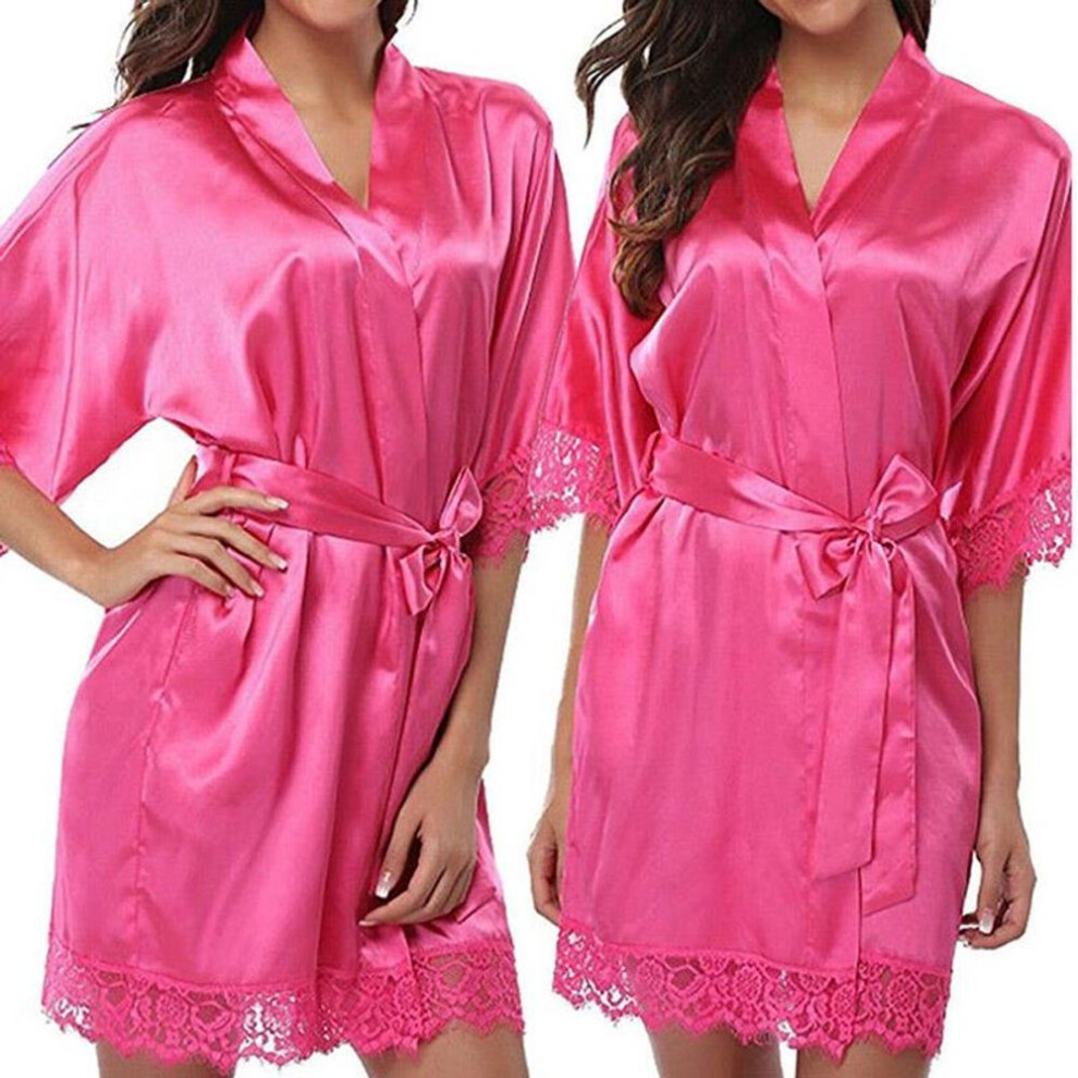 (rose red) Women&apos;s Summer Sexy Nightgown Plain Silk Satin Robes Bridal Wedding Bridesmaid Bride Gown Bath Robe