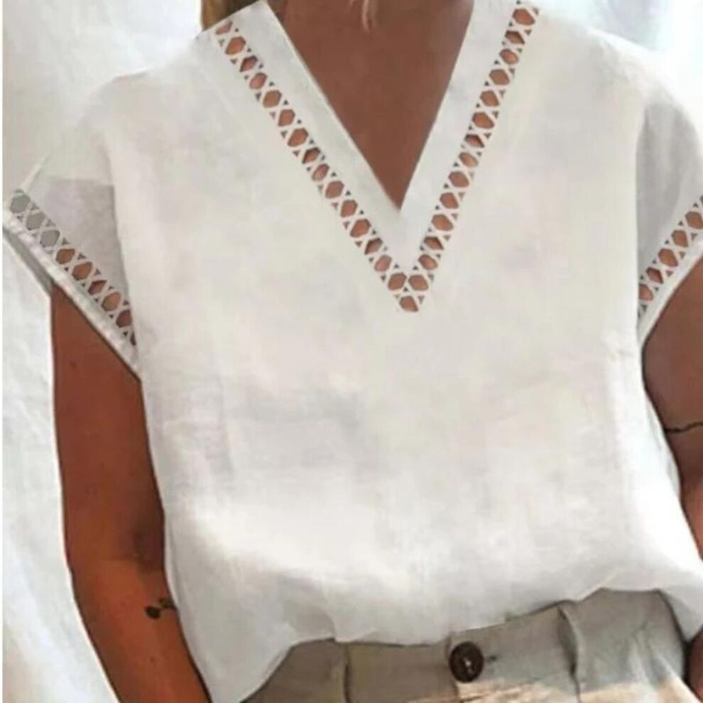 (S, white) Vintage Tops Women Blouse Solid Cotton Linen Summer V Neck Top Hallow Patchwork Oversized White Blouses