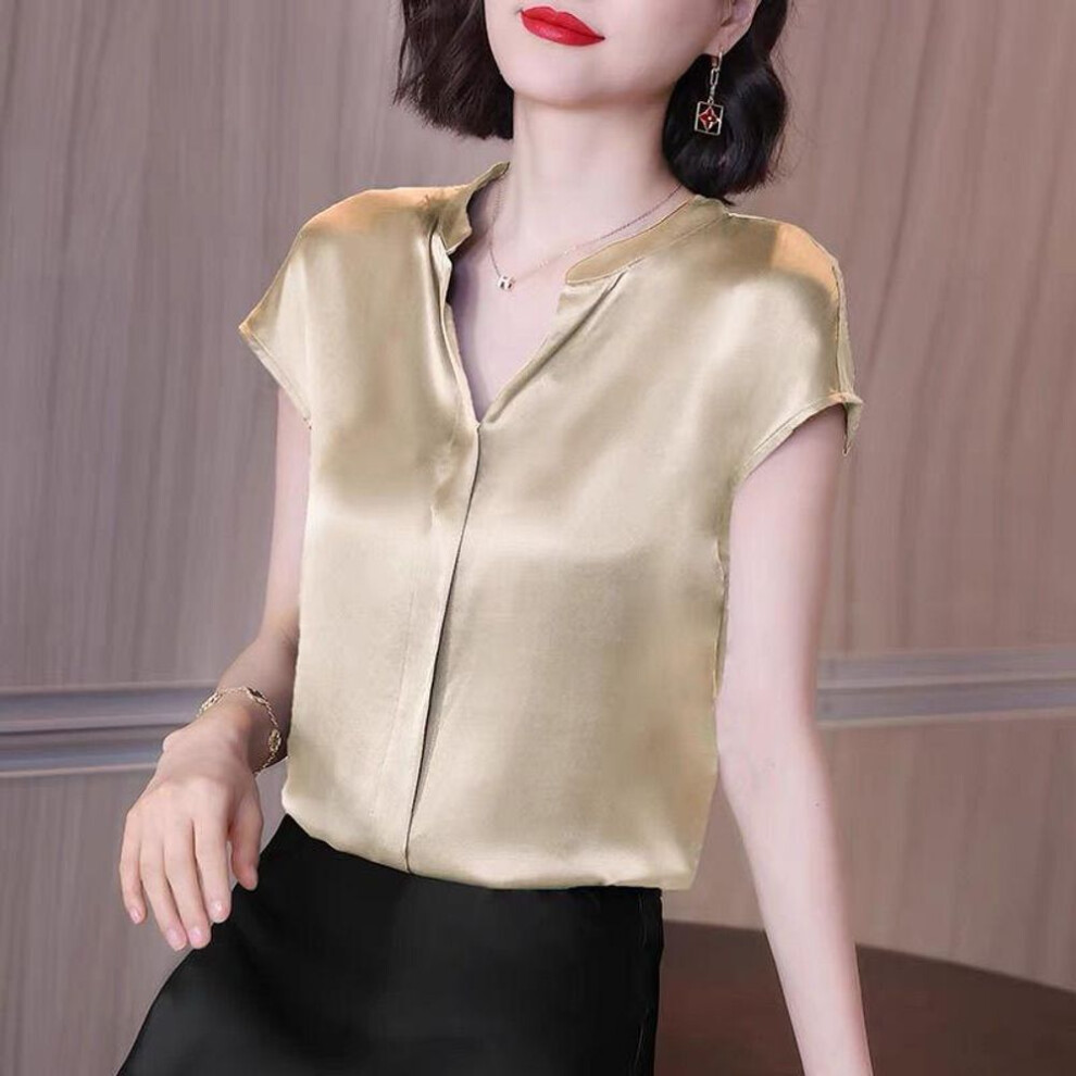(3XL, champagne) Satin Blouse Women Short Sleeve Top Solid Color Grey Loose V Neck Blouses Black Grey Summer Chiffon Tops