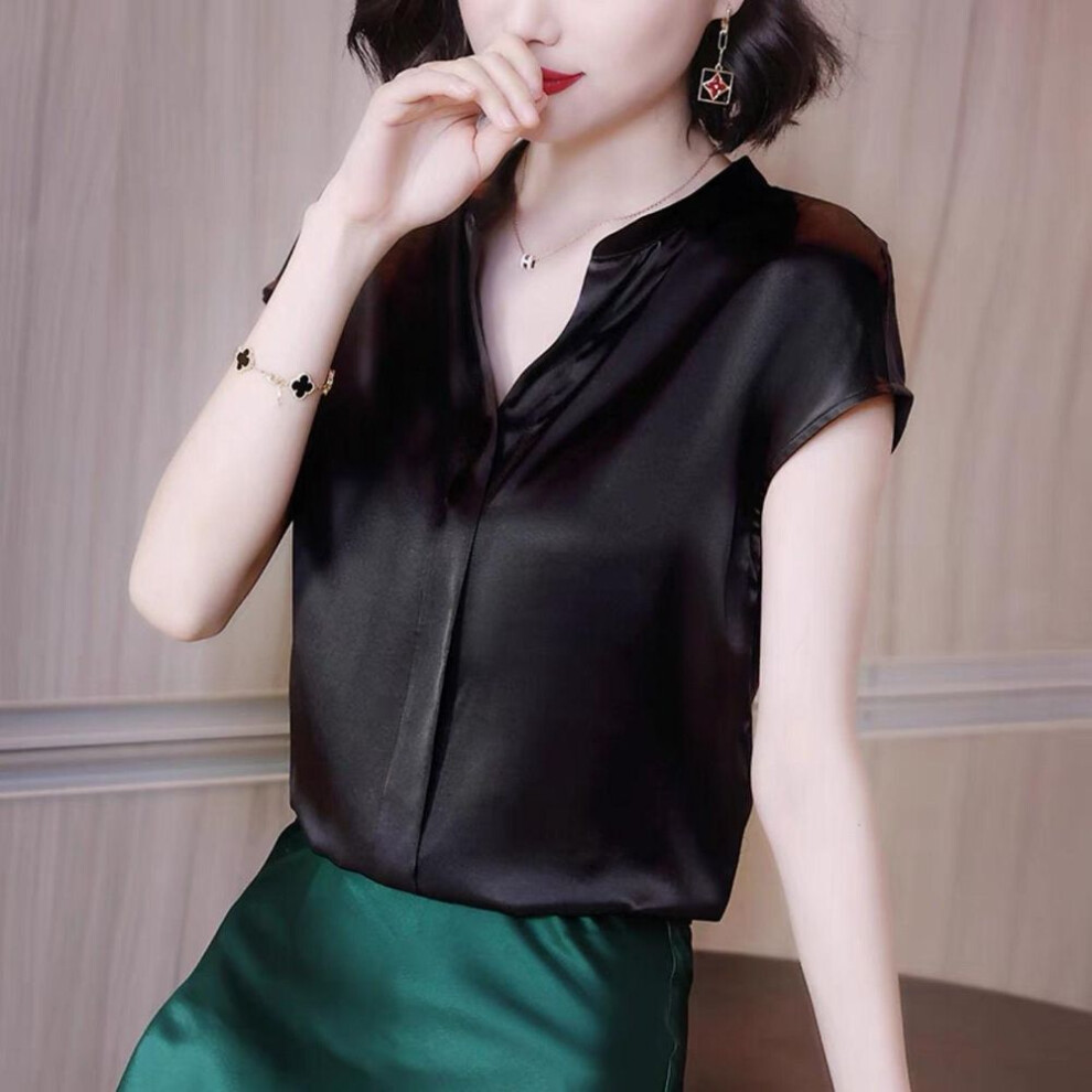 (L, black) Satin Blouse Women Short Sleeve Top Solid Color Grey Loose V Neck Blouses Black Grey Summer Chiffon Tops
