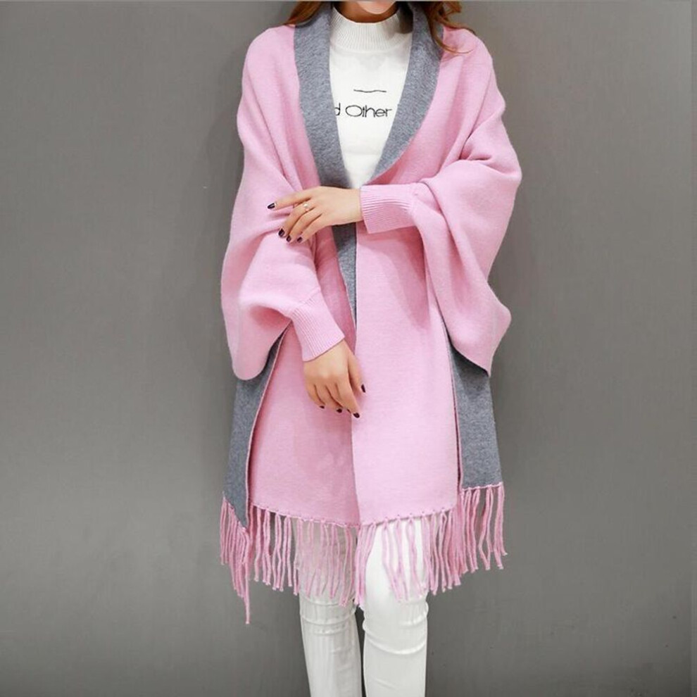 (pink, One Size) Autumn Winter Fashion Lady Tassel Knitted Shawl Sweater Women Solid Tassel Batwing Sleeve Poncho Cardigan Wrap Swing