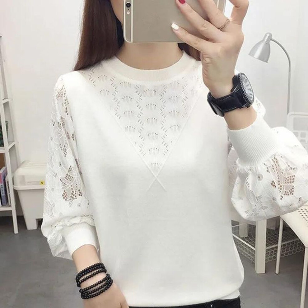 (white, One Size) Pullover 2023 Spring And Autumn Underlay Sweater Women Lace Long Sleeve Spliced Round Neck Hollow Loose Sweater Pullover Top