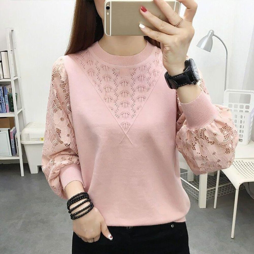 (pink, One Size) Pullover 2023 Spring And Autumn Underlay Sweater Women Lace Long Sleeve Spliced Round Neck Hollow Loose Sweater Pullover Top