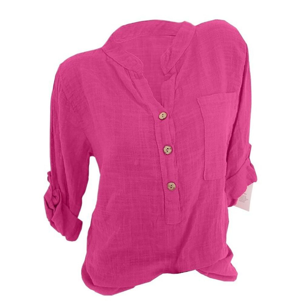 (rose, 5XL) Spring Autumn Women Solid Color Button V Neck Cotton Linen Blouse Cotton Linen Plus Size Pocket Tops