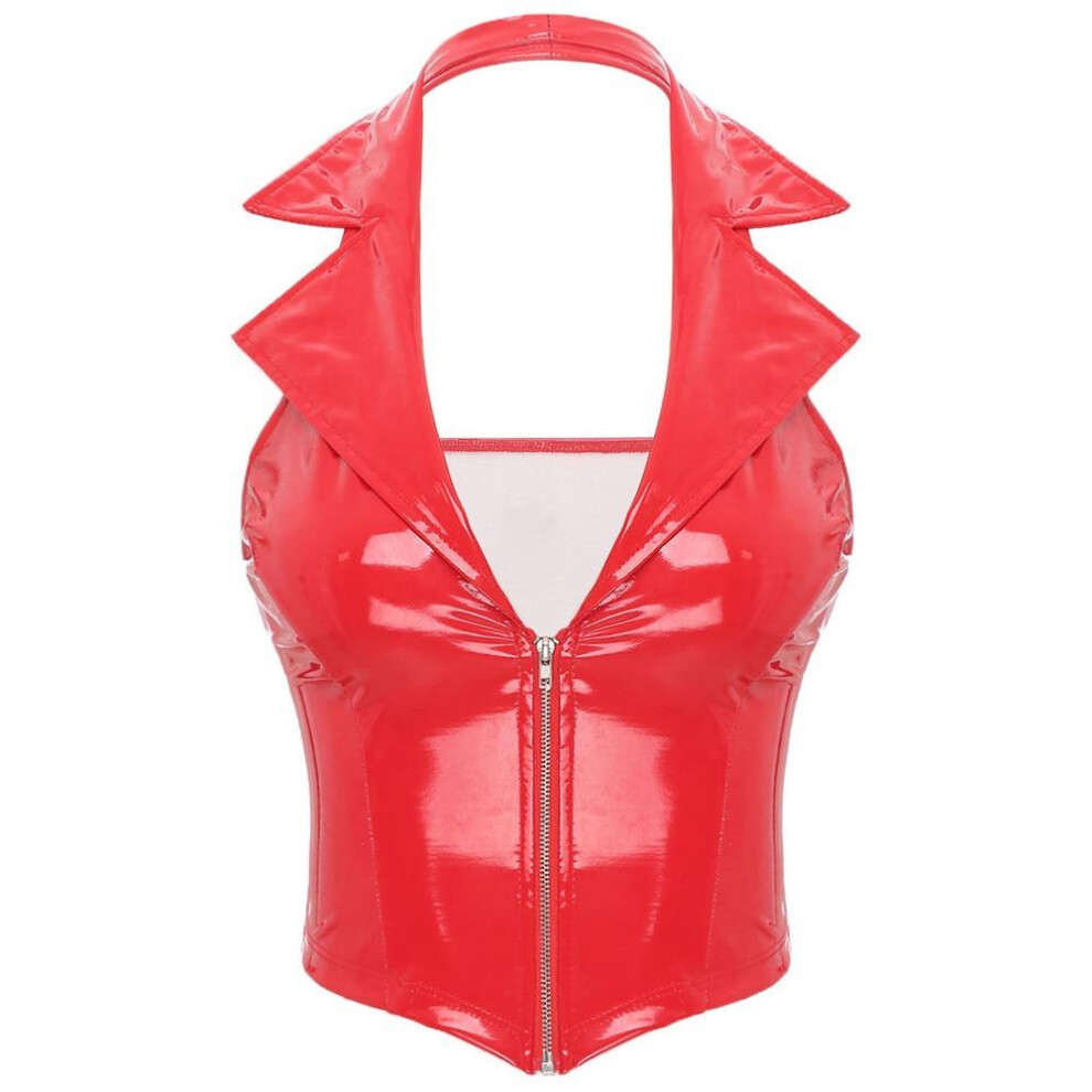 (red, L) Women&apos;s Pu Leather Crop Top Slim Fit Vest Tank Top Backless Camisole Shirt Tops